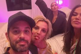 Britney Spears curls up for a slumber party with Kim and Khloé Kardashian  and Cade Hudson. Credit: @kimkardashian #britneyspears #kimkardashian  #kloekardashian