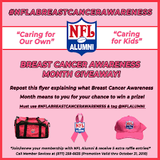 For breast cancer awareness month, the players and coaches are decked out in pink. Nfl Alumni On Twitter Please Join Us In Our 2018 Nfl Alumni Breast Cancer Awareness Month Giveaway Repost This Flyer Explaining What Breast Cancer Awareness Month Means To You For Your Chance