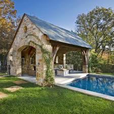 Want An Open Stone Entertaining Pavilion Next To Pool With Fireplace Outdoor Kitchen Changing And Bathroom No Pool Houses Pool House Designs Backyard Pool