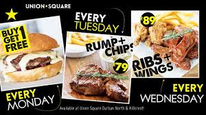 Ｗｅｄｎｅｓｄａｙ ｓｐｅｃｉａｌｓ 1/2 price pizzas 1/2 price wine $4 craft ta.ll cans carryout/delivery specials below: Your Neighbourhood Grill House Picture Of Union Square Durban Tripadvisor