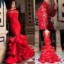 Red Mermaid Wedding Dresses Lace Long Sleeve V Back Tiered Ruffle Bridal Gowns Long Sleeve Wedding Dress Lace Ruffle Bridal Gown Lace Applique Wedding Dress