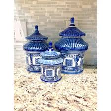 This allows you to organize your kitchen or pantry with style and class. Vintage Blue And White Chinoiserie Pagoda Canisters Set Of 3 Chairish Blue And White Chinoiserie Canister Sets Hamptons Decor