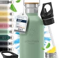 Trinkflasche Edelstahl mit Strohhalm, Infuser + 3 Deckel: BPA-frei,  Auslaufsicher, Kohlensäure geeignet - Wasserflasche Fahrrad Thermosflasche  ...