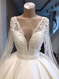 Usd $254.99 (354) wedding dresses. V Neck Long Sleeve Ball Gown Wedding Dress 2021 Satin Beaded Lace Luxury Bridal Gowns Online Newarrivaldress Com