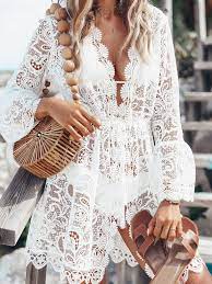 Cover Ups For Women White Lace V Neck Long Sleeves Lace Summer Beach Swimming Suits Mini Dress Casual Fashion Casual Dresses