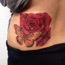 Red Rose Butterfly Tattoo On Girl Waist Rose And Butterfly Tattoo Butterfly Tattoo On Shoulder Rose Tattoos