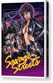 Savage Streets Movie Poster Featuring Crossbow and Cityscape Canvas Print
