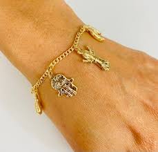 18K Gold Filled Charm Saint Benedict, Hamsa, Divine Child, Horseshoe, Money  Bag, Hand , Virgin Mary, Clover 7.5 Inch Bracelet