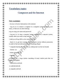 Vocabulary for esl learners and teachers. Vocabulary Topics Computer And Internet Esl Worksheet By Sweet Hannah