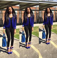 Black And Royal Blue Outfits Black Jumpsuit With Royal Blue Blazer And Royal Blue Heels Blue Blazer Outfit Navy Blue Blazer Outfit Royal Blue Heels