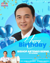 Isang malugod na pagbati sa iyong kaarawan, Bishop Artemio Bernil! 🎉🥳  Nawa'y patuloy kayong pagkalooban ng mabuting kalusugan, lakas ng loob, at  karunungan sa inyong walang sawang paglilingkod sa Diyos, sa kapwa,