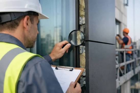 Engenheiro inspecionando fachada de edifício