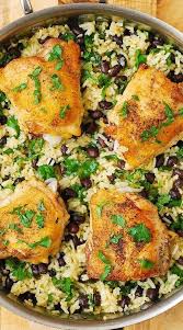 One Pan Chicken Thighs With Cilantro Lime Black Bean Rice Pan Chicken Thighs Chicken Thighs Dinner Chicken Dinner