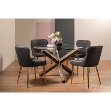 Gray faux leather dining chairs. Goya Dark Oak Cezanne Gold Round Dining Set Stylish Home Origins
