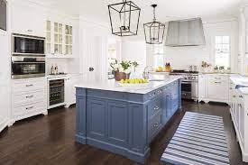 Denim Blue Island In White Kitchen With Blue And White Stripe Rug Denimblue Becolorfulcoastal Blue Kitchen Island White Kitchen Design Kitchen Inspirations