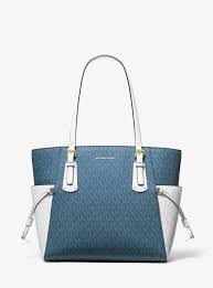 Michael Kors Leather Voyager Small Two Tone Logo Tote Bag In Blue Lyst