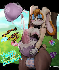 plundered, vanilla the rabbit, sonic (series), absurdres, highres, 1futa,  ;o, artist name, bow, bowtie, breasts, cuff links, cuffs, cum, cum in  container, easter egg, egg, ejaculation, english text, futanari, futanari  masturbation, gloves,