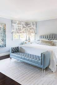 Enhance your home with a tasteful upholstered bench or settee to create additional comfort and storage in your entryway and living room. Blue Velvet Tufted Headboard With Blue Leather Bench Contemporary Bedroom