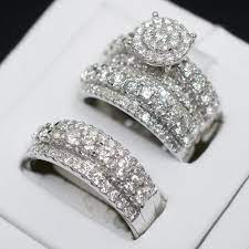 His Her Diamond Engagement Bridal Wedding Band Trio Ring Set 10k White Gold Over Silvergemsjewelr Cool Wedding Rings Wedding Ring Bands Set Wedding Ring Bands