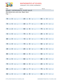 Grade 1 Worksheets Place Value Adding Whole Tens And One Digit Numbers Basic Level Worksheets 2nd Grade Worksheets 2nd Grade Math Worksheets 3rd Grade Math