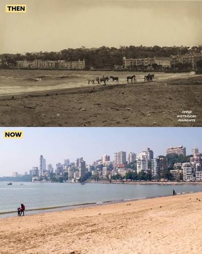 Then & Now— Back Bay & Malabar Hill, Chowpatty beach, Bombay (now Mumbai). Old photograph circa 1900.