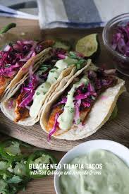 Refrigerate sauce and salsa until serving. Blackened Tilapia Tacos With Red Cabbage And Avocado Crema