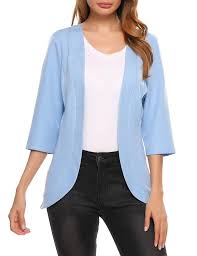 Women S Collareless 3 4 Sleeve Open Front Slim Casual Blazer Light Blue C3189y6tgr7 Casual Blazer Fashion Fashion Clothes Women