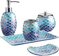 Purchase unique and beautiful glass food tray. Amazon Com Whole Housewares 5 Pieces Bathroom Accessory Set Bright Colored Mosaic Glass Bath Ensemble Lotion Dispenser Toothbrush Holder Cotton Jar Vanity Tray Soap Dish Mermaid Home Kitchen