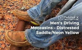 Twisted X Mens Steel Toe Leather Driving Moc Distressed Saddle Neon Yellow