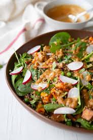 High Protein Vegan Salad With Sweet Potato Quinoa And Satay Tofu Recipe In 2020 Salad With Sweet Potato High Protein Vegan Vegan Salad
