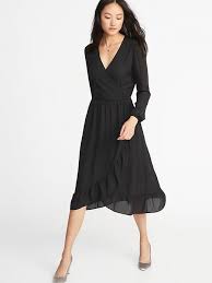 Waist Defined Ruffle Trim Faux Wrap Georgette Dress For Women Dresses Black Dress With Sleeves Boho Navy Dress