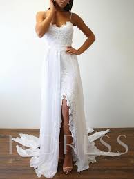 Spaghetti Straps Split Front Lace Beach Wedding Dress 2019 Beach Wedding Dresses Backless Casual Beach Wedding Dress Casual Wedding Dress
