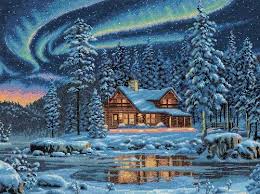Dimensions gold collection counted cross stitch kit, aurora cabin, 16 count dove grey aida, 16'' x 12''. Dimensions Aurora Cabin Counted Cross Stitch Kit