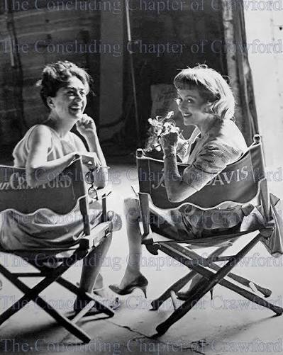 Bette and Joan Crawford, photographed behind the scenes of What Ever  Happened to Baby Jane? (1962) courtesy of @joancrawfordlovers | “The first  and nearly overwhelming problem that faced [director Robert] Aldrich was