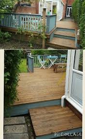 Rejuvenated Colourful Decking Patio Area Treated With Ronseal Country Oak And Painted With Homebase Garden Fence Paint Garden Front Of House Green Fence Paint