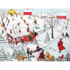 In the 500 piece jigsaw puzzle, christmas porch by sunsout, an illustration of an open front door that leads into a welcoming, christmas filled home is depicted, snow adorning the sidewalk. Christmas Craze Jigsaw Puzzles