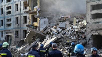Damaged buildings and debris following a Russian missile attack in Zaporizhzhia, Ukraine.