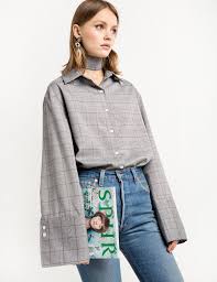 grey check wide sleeve cuff shirt แฟช น แบบเส อสตร