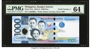 The serial number is composed of 1 or 2 prefix letters and 6 or 7 digits. Serial Number 000001 Philippines Bangko Sentral 1000 Piso 2015 Pick Lot 29391 Heritage Auctions