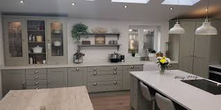 Vintage farmhouse grey kitchen is refreshed with white details and nickel handles. I Work For An Independent Kitchen Company I Get So Jealous Of Some Of The Stunning Kitchens Renovations This Is One Of My Favourite Recent Projects Painted In Farrow And Ball