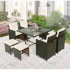 Check spelling or type a new query. 9 Piece Outdoor Patio Dining Set With 4 Pe Wicker Chairs 4 Ottomans Glass Table All Weather Space Saving Rattan Outdoor Conversation Set With Cushions For Backyard Lawn Garden Poolside Lll139 Walmart Com