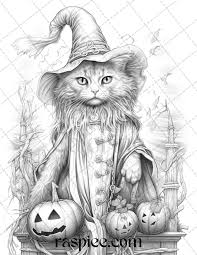 40 Halloween Witch Cat Grayscale Coloring Pages Printable for Adults, –  RASPIEE