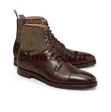 Free shipping & exchanges, and a 100% price guarantee! Handmade Men Brown Leather Boots Tweed Fabric Boot For Formal Boots Footeria
