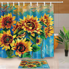 Oil Painting Sunflower Shower Curtain Bedroom Waterproof Fabric Bath Mat New Home Garden Bath Flower Shower Curtain Shower Curtain Shower Curtain Sets