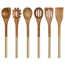 The dense fiber of the wood and finish makes it impervious to liquids. Amazon Com Country Kitchen 6 Piece Utensil Set Acacia Wooden Heads With Gold Stainless S Wooden Kitchen Utensils Kitchen Utensil Set Wooden Cooking Utensils