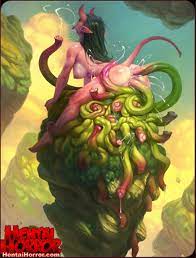 NSFW oppai hentai from hell horror tentacle sex art big tits demon girl  raped by tentacles monster xxx illustration. 