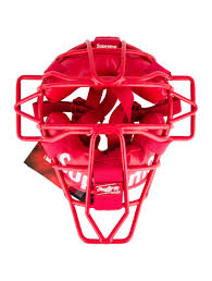 Catcher supreme brand new red. From The Spring Summer 2018 Collection Red Coated Metal And Leather Supreme X Rawlings Catcher S Mask With Adjustable Strap At Back Supreme Logo Red Coat Mask