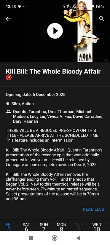 Kill Bill: Whole Bloody Affair WILL have an INTERMISSION! And Odeon confirm  a "reduced pre-show", so get there on time. : r/screenunseen