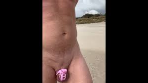 Chastity cuck walking on nude beach