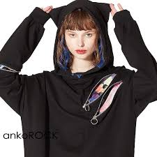 楽天市場 ankorock アンコロック パーカー メンズ プルオーバー レディース ユニセックス 服 ブランド 長袖 ロング丈 プルパーカー スウェット スエット 大きいサイズ ビッグシルエット オーバーサイズ アシンメトリー リングジップ ネコ耳 猫耳 黒 ブラック ankorock